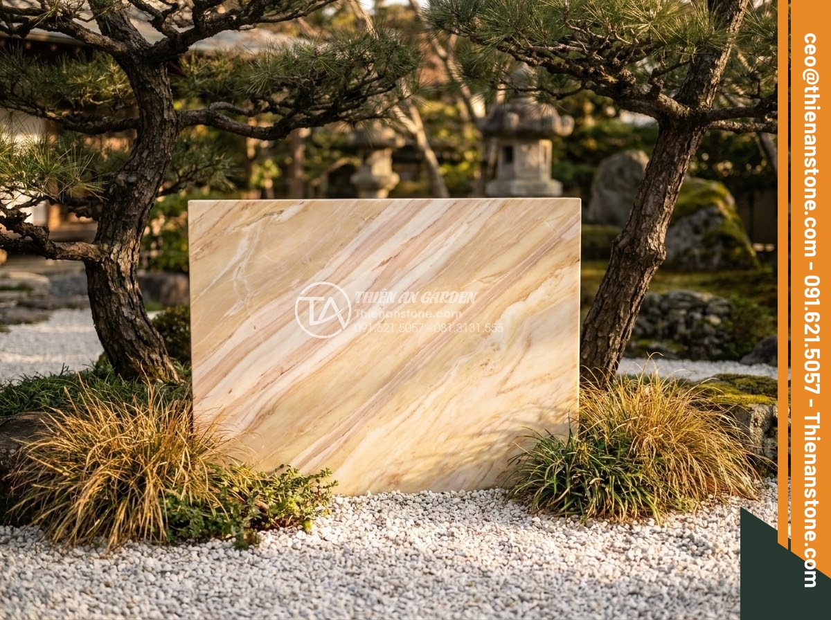 Bảng Hiệu Đá Tự Nhiên - Natural stone sign beautifully integrated with ornamental landscape design, Japa