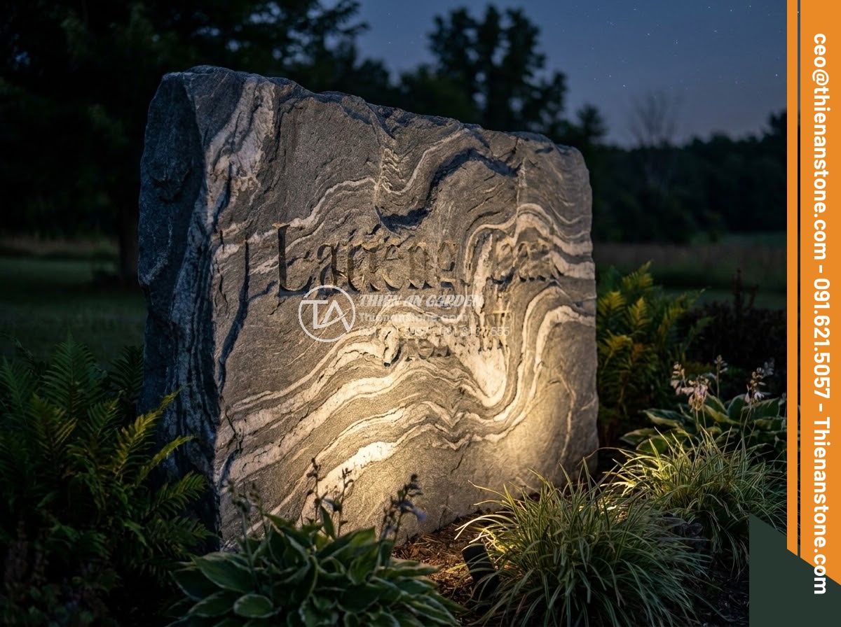 Bảng Hiệu Đá Tự Nhiên - Natural stone sign dramatically illuminated at night with professional landscape