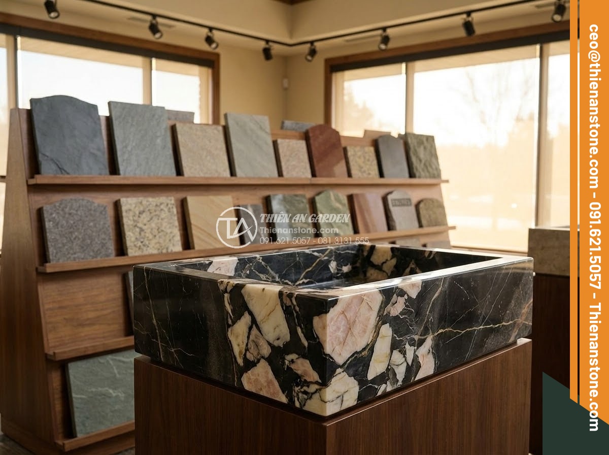 Bảng Hiệu Đá Tự Nhiên - Showroom display of various natural stone sign samples in different sizes, color