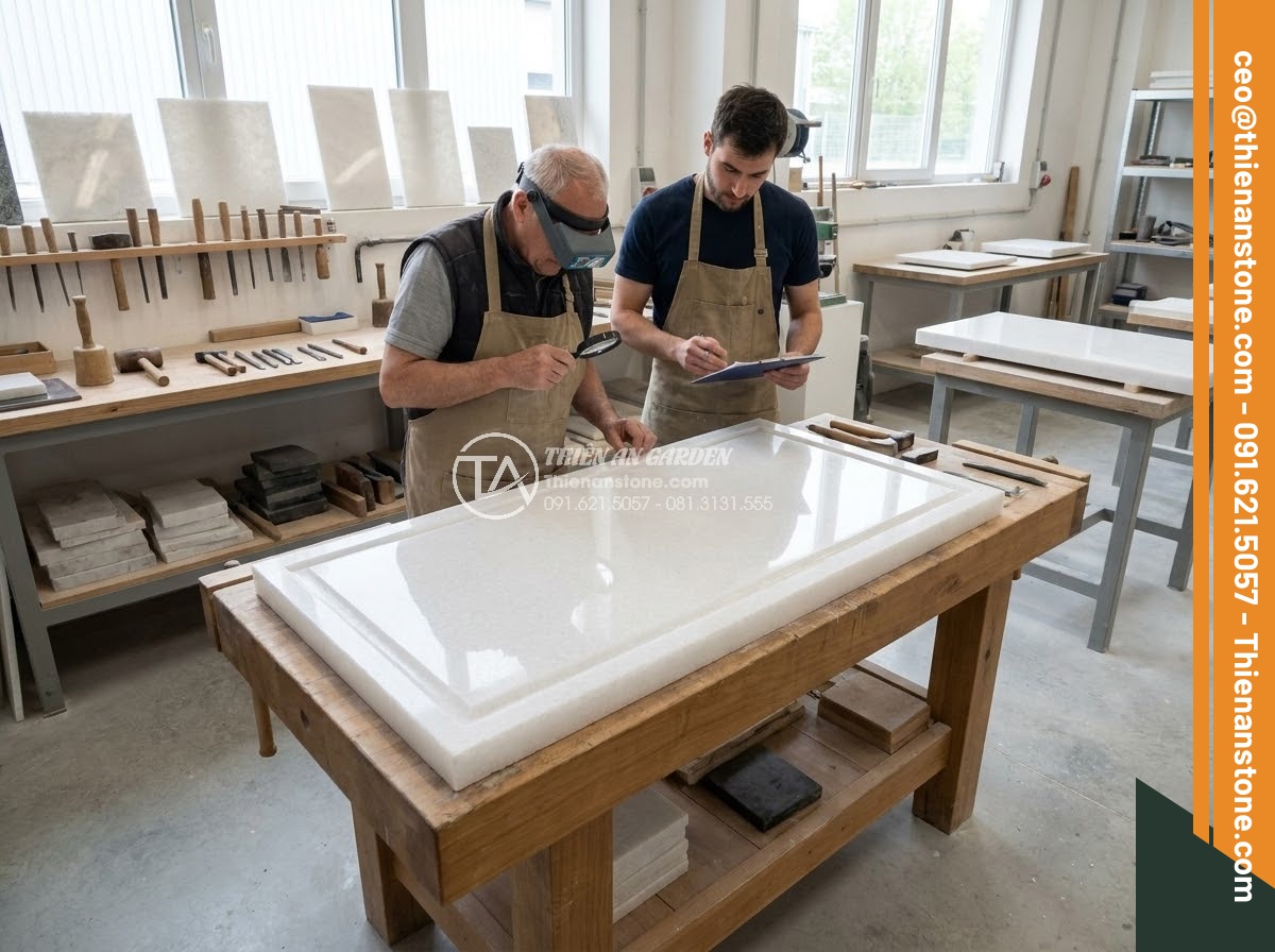Bảng Hiệu Đá Tự Nhiên - Professional stone workshop with skilled artisans examining finished stone sign 