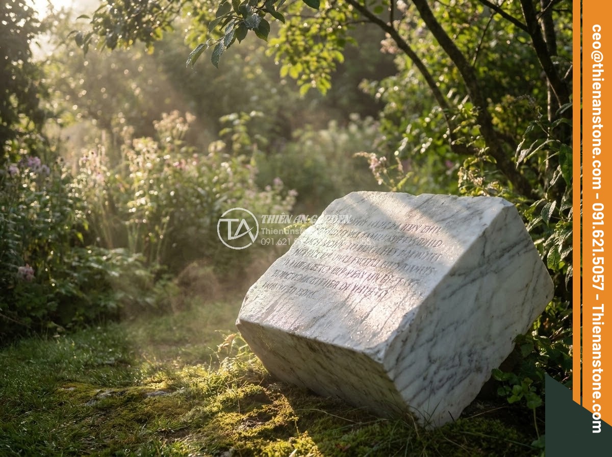 Bảng Hiệu Đá Tự Nhiên - Natural stone sign positioned at optimal angle receiving beautiful morning sunli