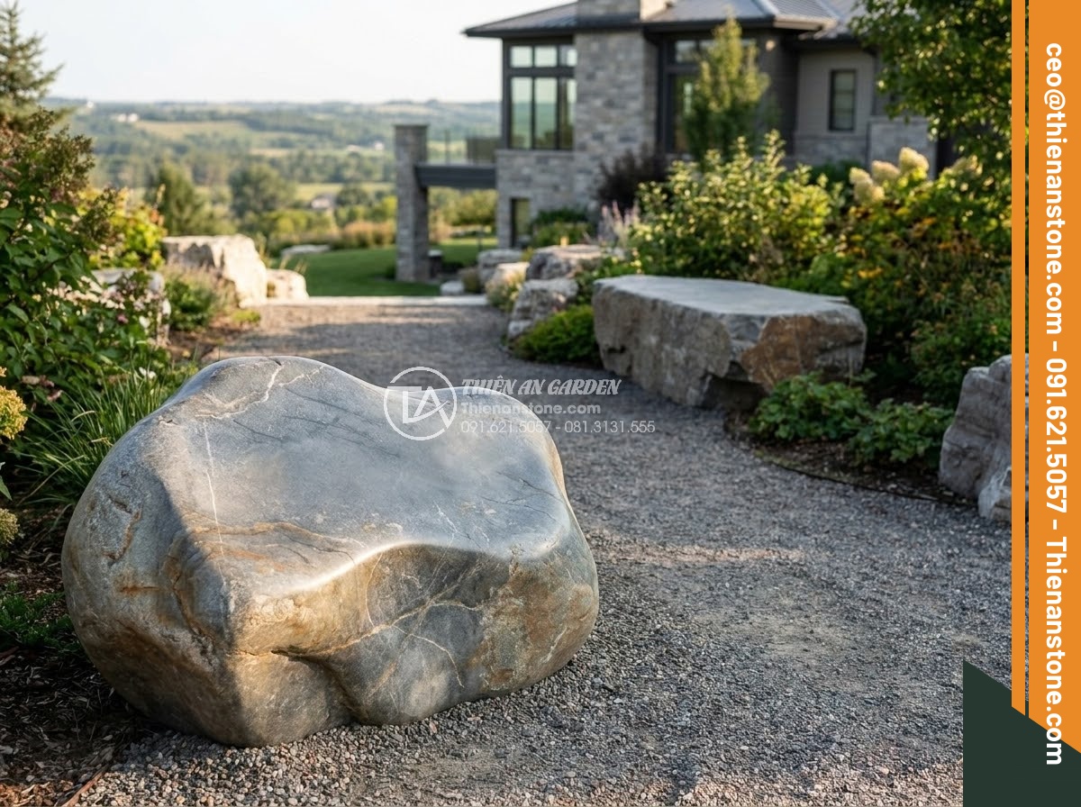 Bảng Hiệu Đá Tự Nhiên - Cohesive landscape design with natural stone sign at entrance, stone bench in ga