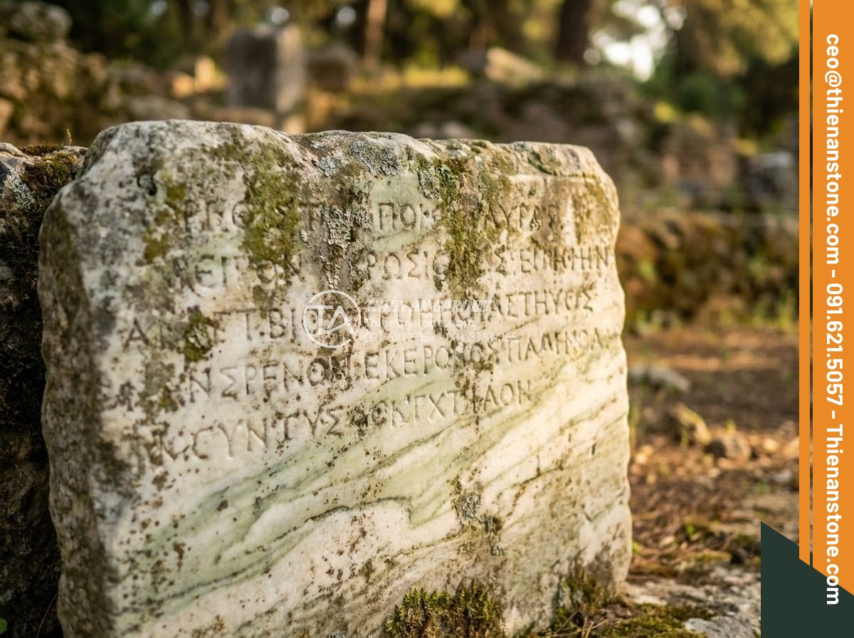 Bảng Hiệu Đá Tự Nhiên - Ancient stone tablet with weathered carved text still readable after centuries, 