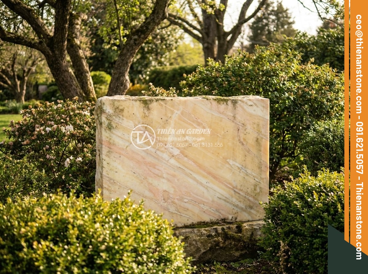 Bảng Hiệu Đá Tự Nhiên - Timeless natural stone sign in established garden with mature trees and well-mai