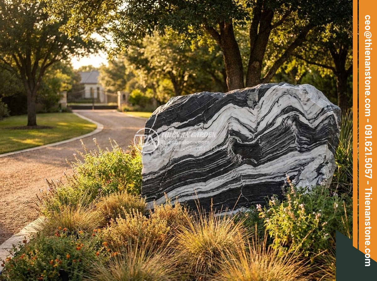 Bảng Hiệu Đá Tự Nhiên - Beautiful completed project showcase of natural stone sign at luxury property en