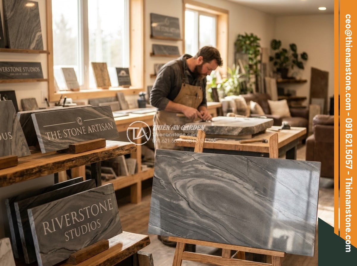 Bảng Hiệu Đá Tự Nhiên - Warm inviting photo of natural stone sign workshop and showroom with various fin