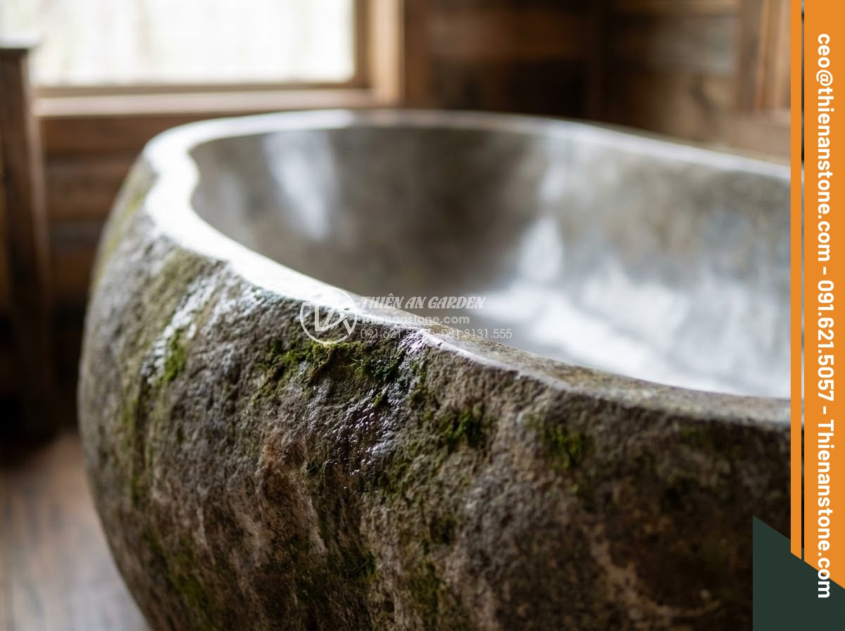 Bồn Tắm Đá Tự Nhiên - Hình 18 Bồn Tắm Đá Tự Nhiên - Natural rough exterior surface detail of freeform river stone bathtub showing mo