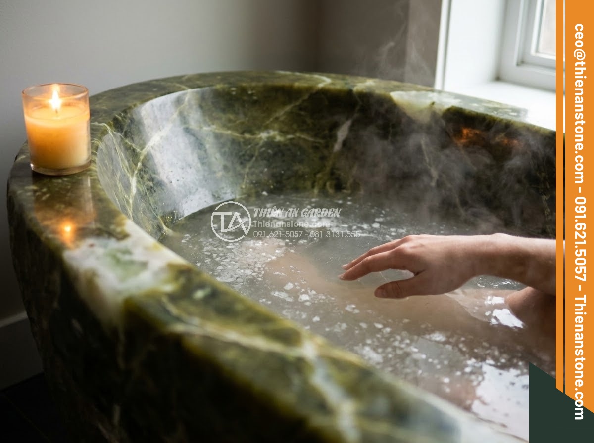 Bồn Tắm Đá Tự Nhiên - Hình 20 Bồn Tắm Đá Tự Nhiên - Person's hand touching warm water surface in natural stone bathtub, steam visibl