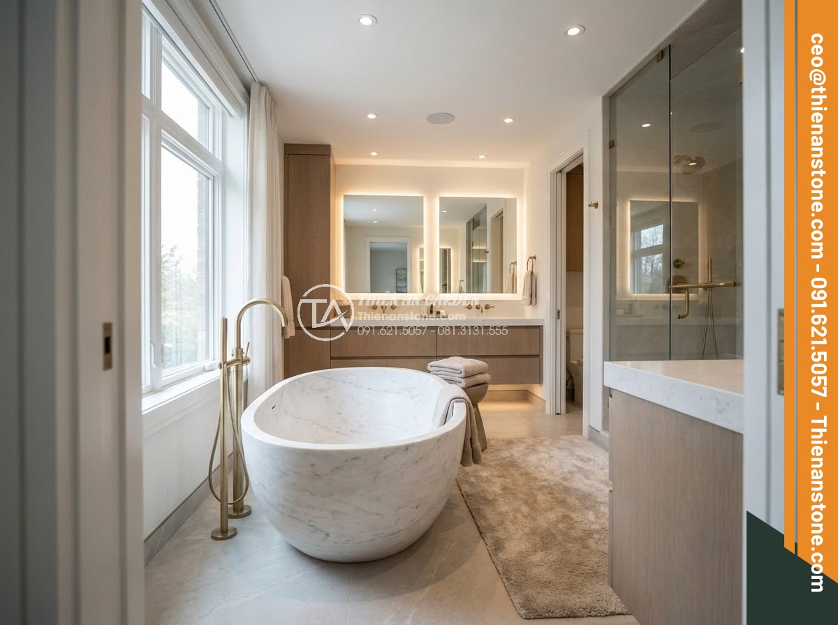 Bồn Tắm Đá Tự Nhiên - Hình 27 Bồn Tắm Đá Tự Nhiên - Elegant natural stone bathtub as centerpiece of luxury master bathroom in high-e