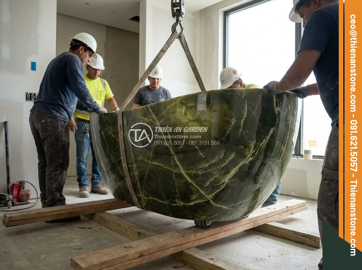 Bồn Tắm Đá Tự Nhiên - Hình 31 Bồn Tắm Đá Tự Nhiên - Construction workers carefully positioning a heavy natural stone bathtub into lu