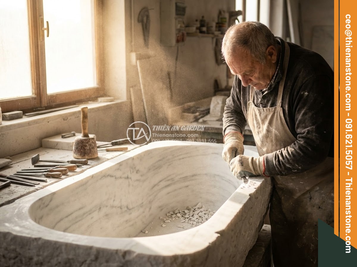 Bồn Tắm Đá Tự Nhiên - Hình 5 Bồn Tắm Đá Tự Nhiên - Artisan craftsman hand-carving interior of natural stone bathtub in workshop, st