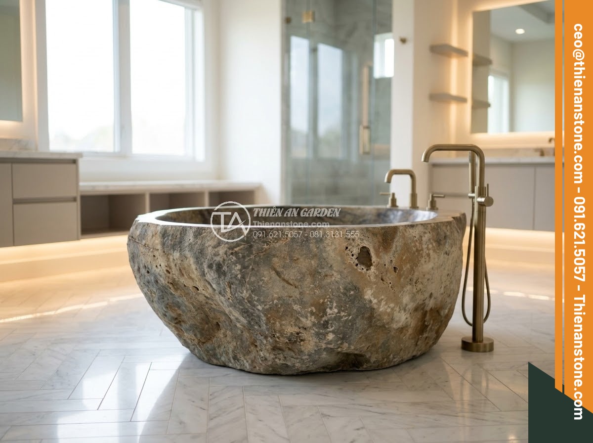 Bồn Tắm Đá Tự Nhiên - Hình 7 Bồn Tắm Đá Tự Nhiên - Luxurious white marble bathtub with dramatic grey veining in a spacious master b