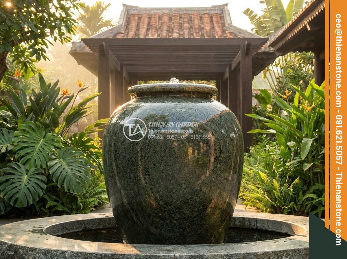 Chum Đá Phong Thủy - Ultra realistic photo of a large natural stone feng shui jar urn in a luxury Vie