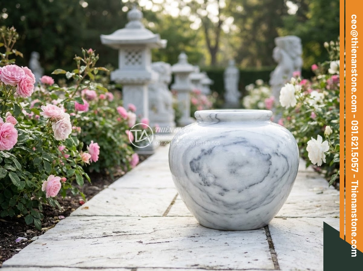 Chum Đá Phong Thủy - Ultra realistic photo of a white marble feng shui stone jar with beautiful grey 