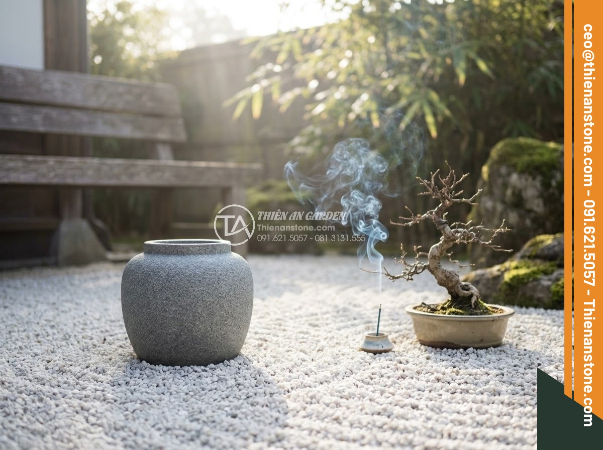 Chum Đá Phong Thủy - Ultra realistic serene photo of a small feng shui stone jar in a meditation gard