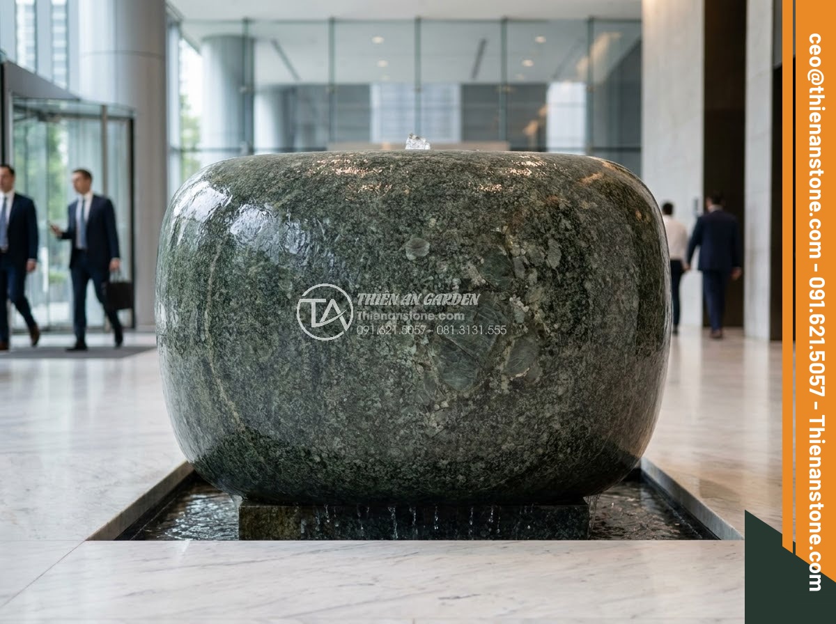 Chum Đá Phong Thủy - Ultra realistic photo of an impressive large black granite feng shui stone jar i