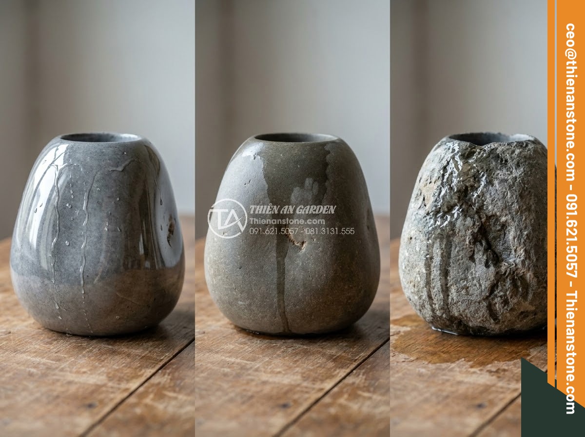 Chum Đá Phong Thủy - Ultra realistic side-by-side comparison photo showing three feng shui stone jars