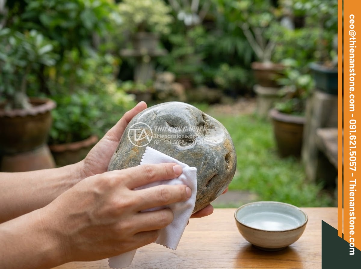 Chum Đá Phong Thủy - Ultra realistic photo of a person carefully cleaning a polished stone feng shui 
