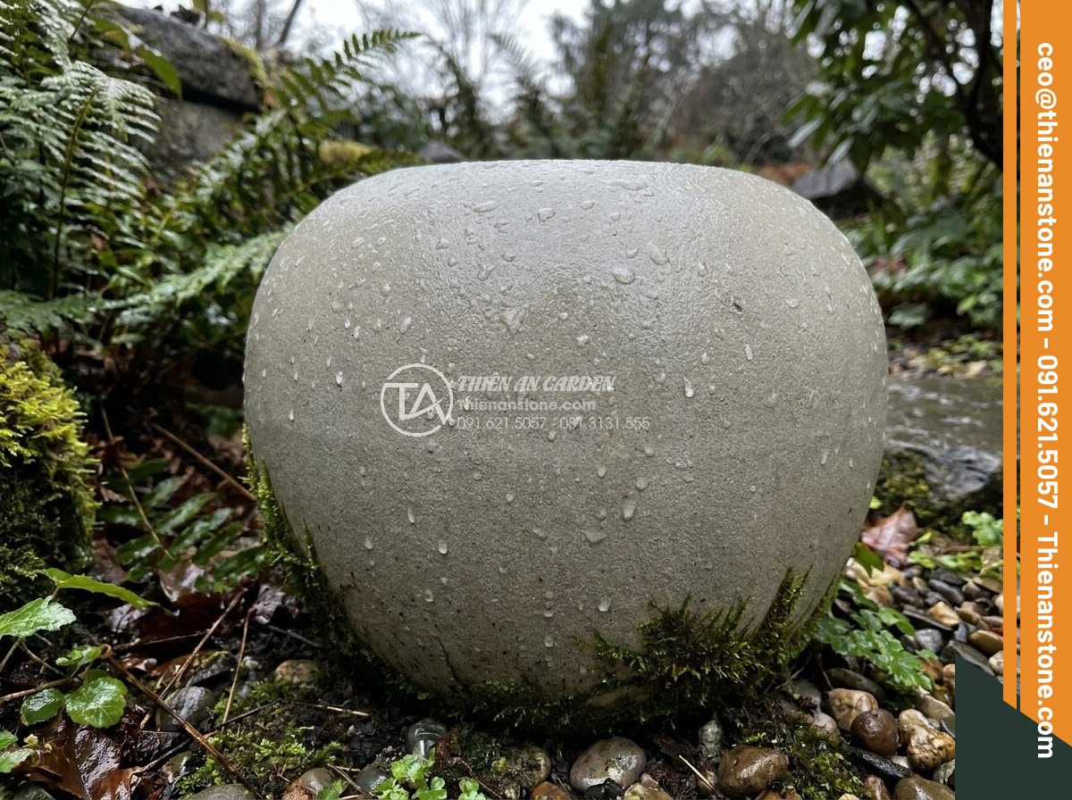 Chum Đá Phong Thủy - Ultra realistic photo of a feng shui stone jar after rain, water droplets on pol