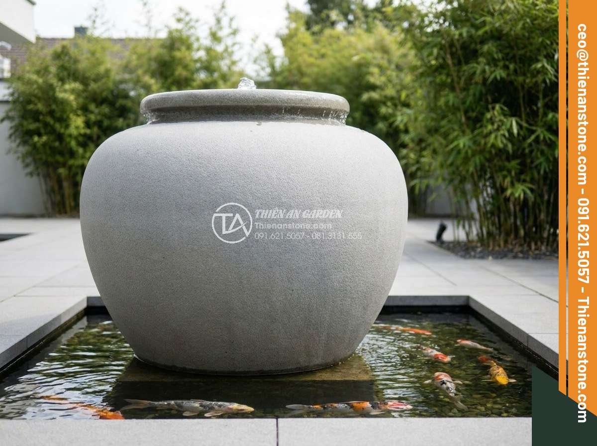 Chum Đá Phong Thủy - Wide angle architectural photography of feng shui stone jar water feature in a m