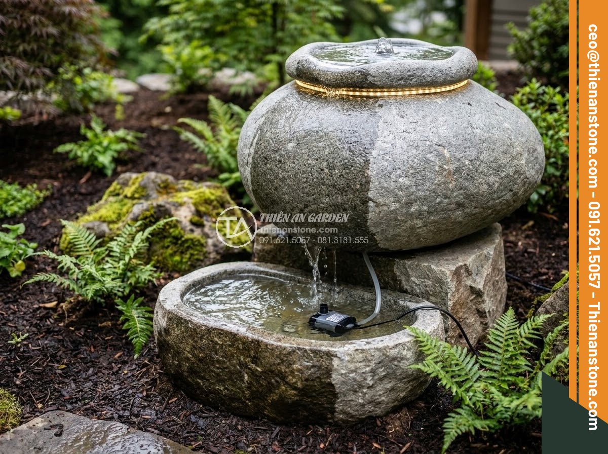 Chum Đá Phong Thủy - Ultra realistic photo of a completed feng shui stone jar installation with stone