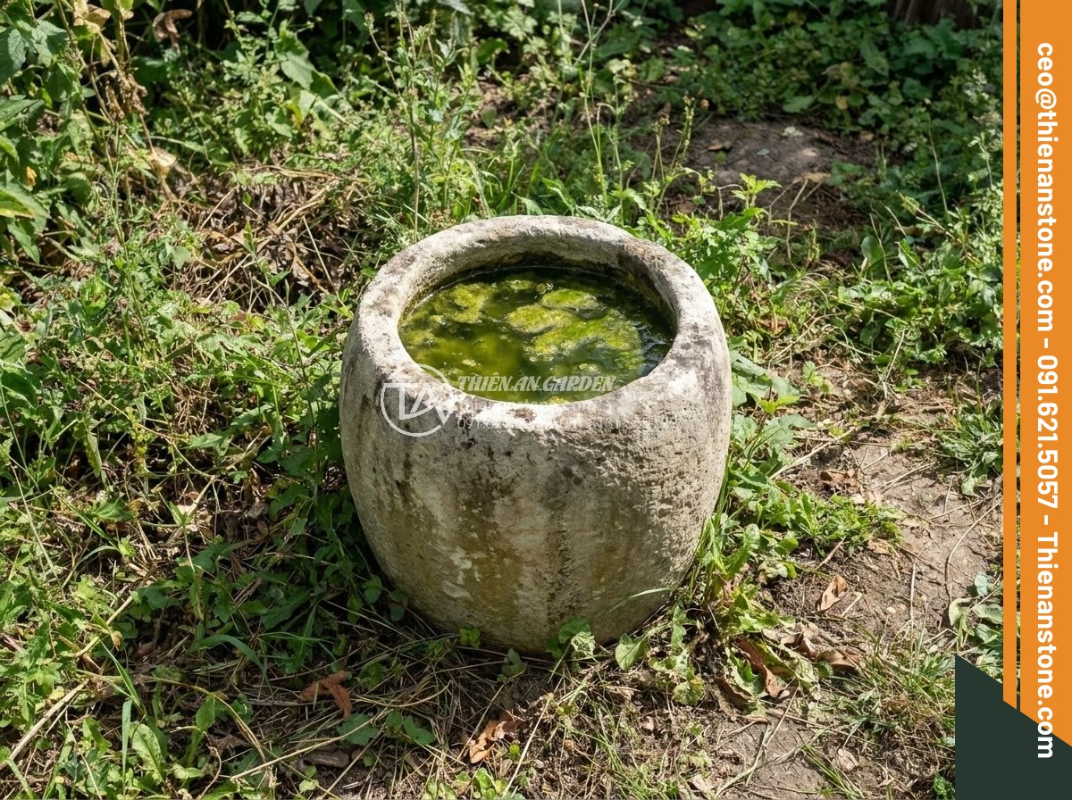 Chum Đá Phong Thủy - Ultra realistic photo showing a poorly maintained stone jar with stagnant green 