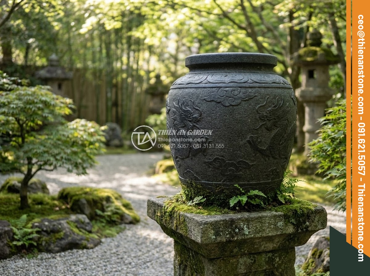 Chum Đá Phong Thủy - Ultra realistic photo of a traditional Vietnamese feng shui stone jar carved fro