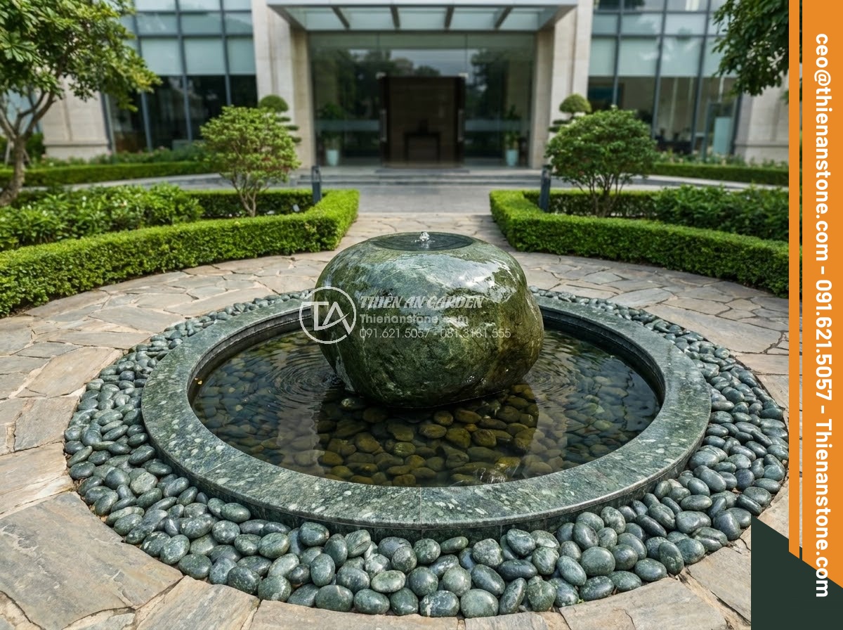 Chum Đá Phong Thủy - Aerial view ultra realistic photo of a feng shui stone water jar feature at the 