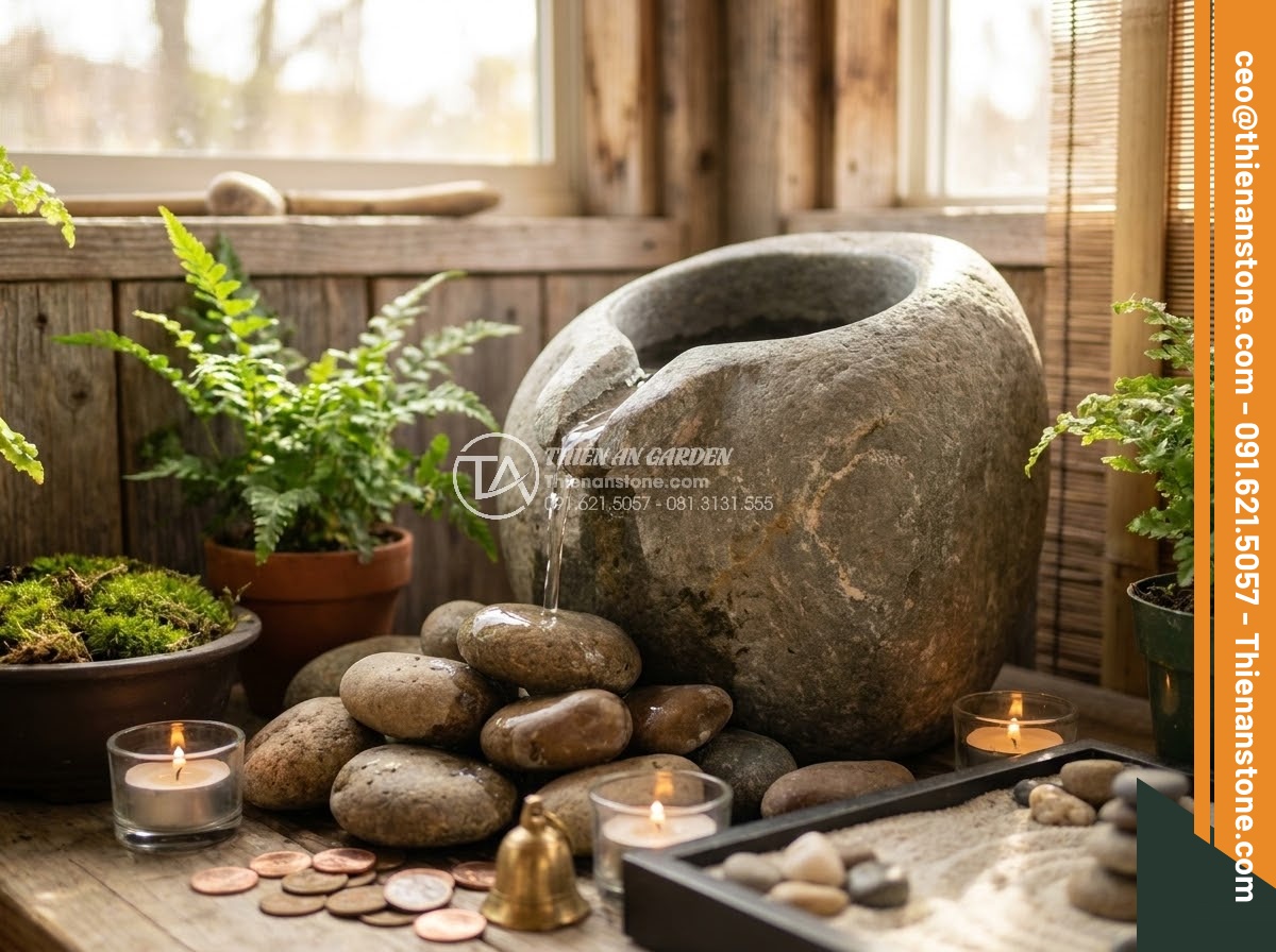 Chum Đá Phong Thủy - Ultra realistic conceptual photo showing a natural stone feng shui jar with flow