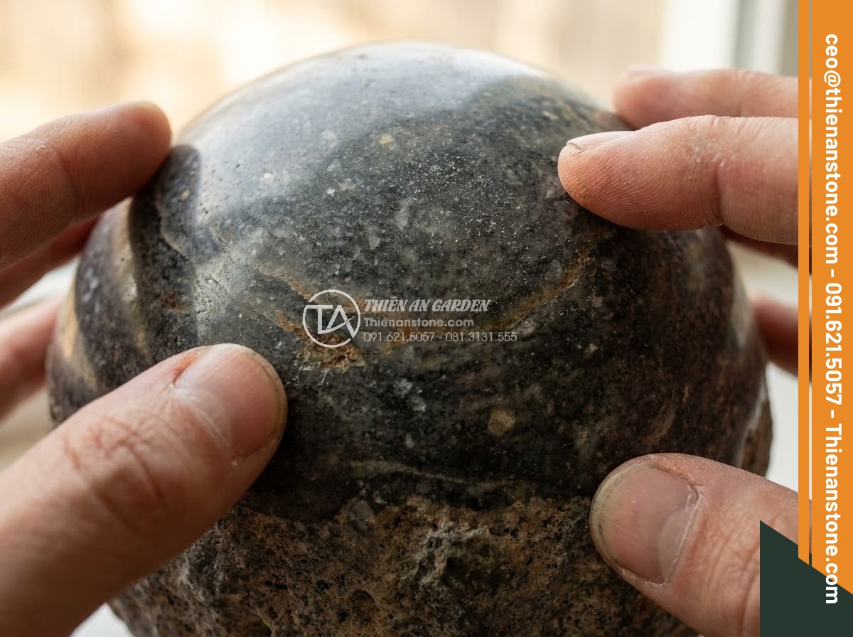 Chum Đá Phong Thủy - Extreme close-up ultra realistic photo of hands touching the polished surface of