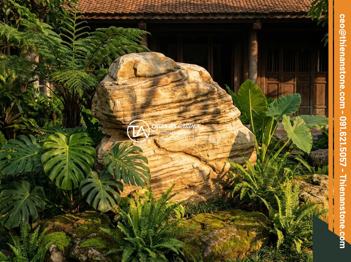 Đá Cảnh Tự Nhiên - Natural ornamental stone placed in a luxury Vietnamese villa garden, surrounded 