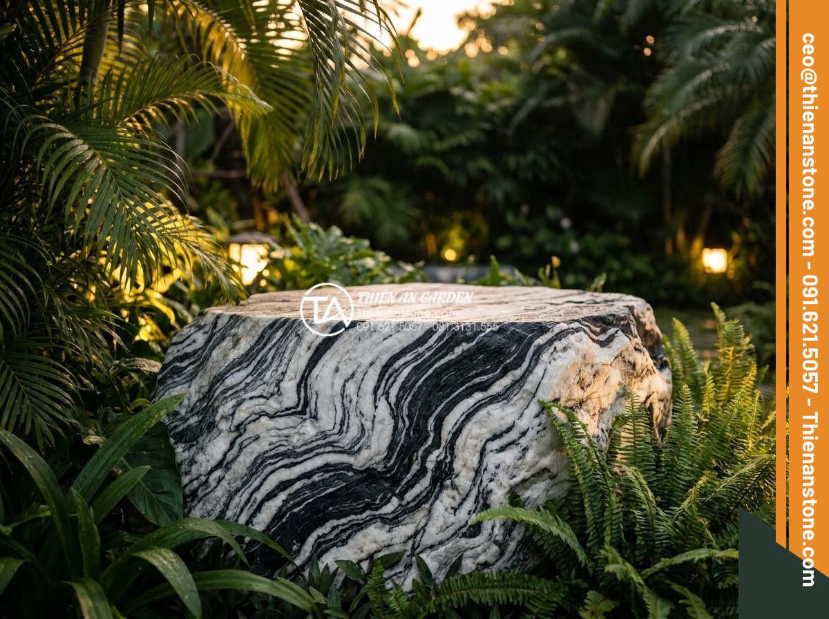 Đá Cảnh Tự Nhiên - Brown-toned natural ornamental stone with warm earthy veins placed among tropica