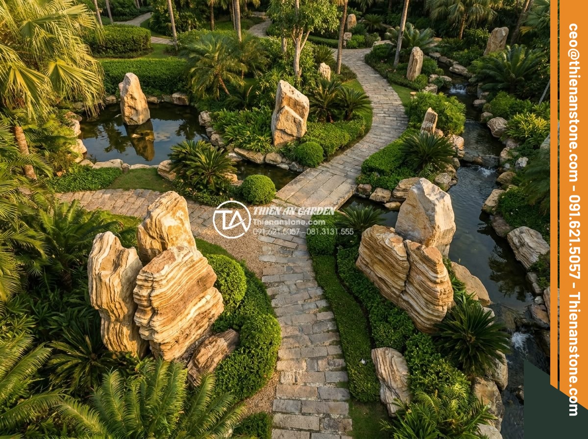 Đá Cảnh Tự Nhiên - Aerial view of a luxury garden layout showing strategic placement of natural orn