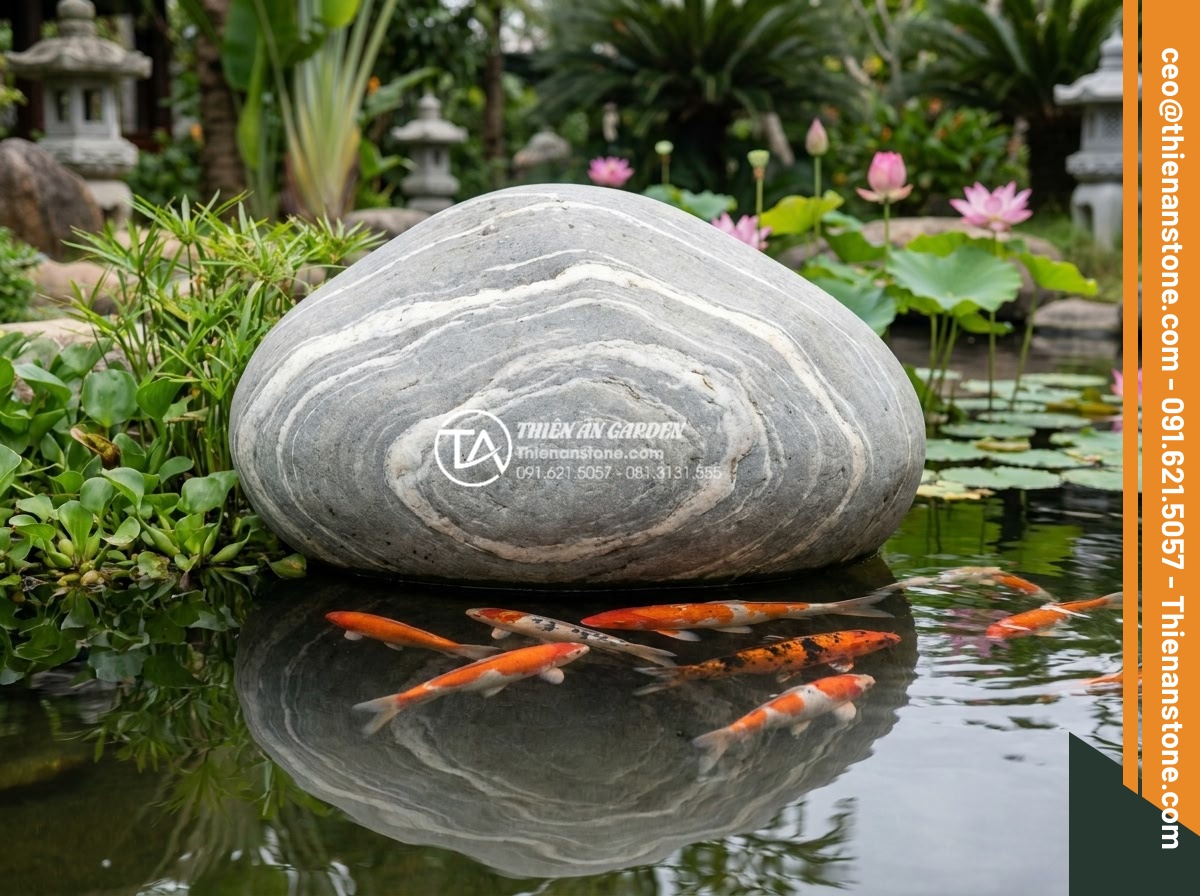 Đá Cảnh Tự Nhiên - Natural ornamental stone positioned at the edge of a koi pond, colorful koi fish