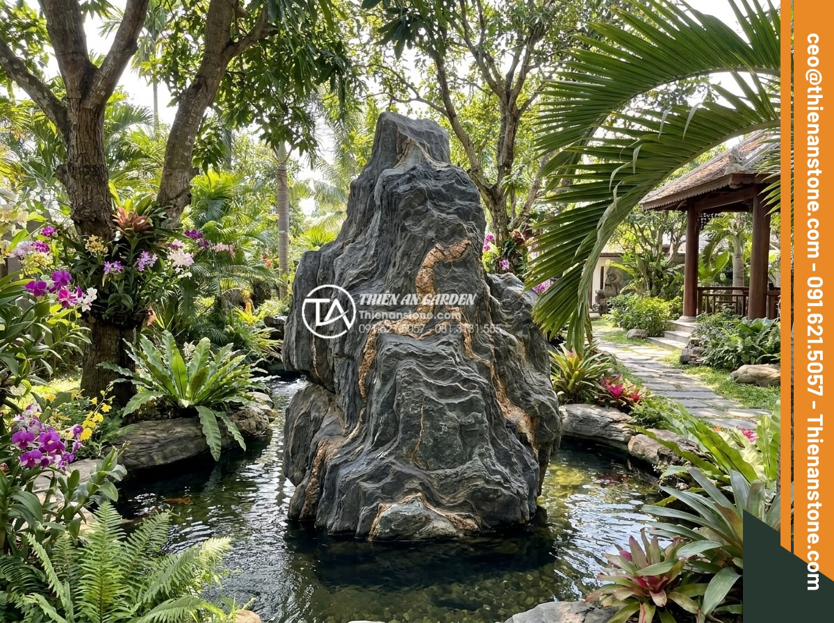 Đá Cảnh Tự Nhiên - Natural ornamental stone as the centerpiece of a luxury villa garden, surrounded