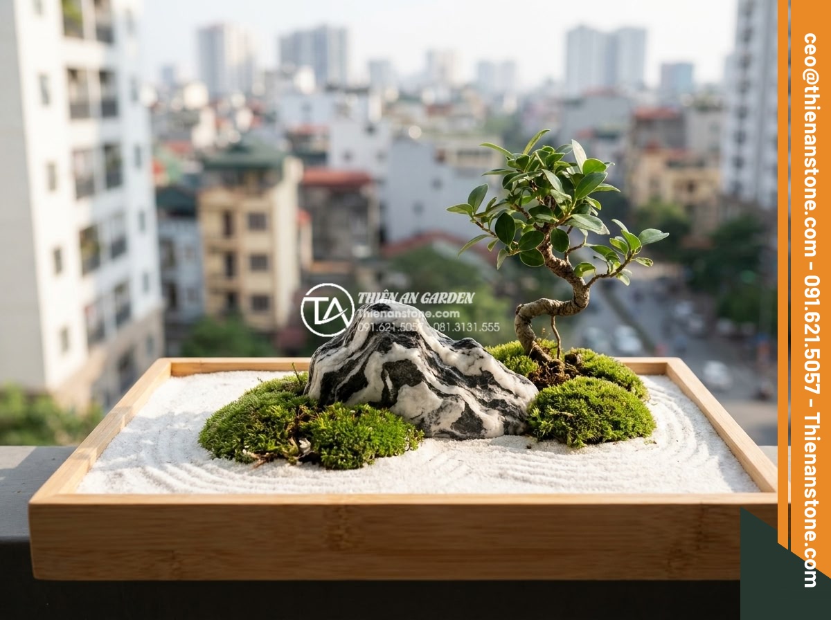 Đá Cảnh Tự Nhiên - Small natural ornamental stone arranged in a balcony zen garden setting with whi