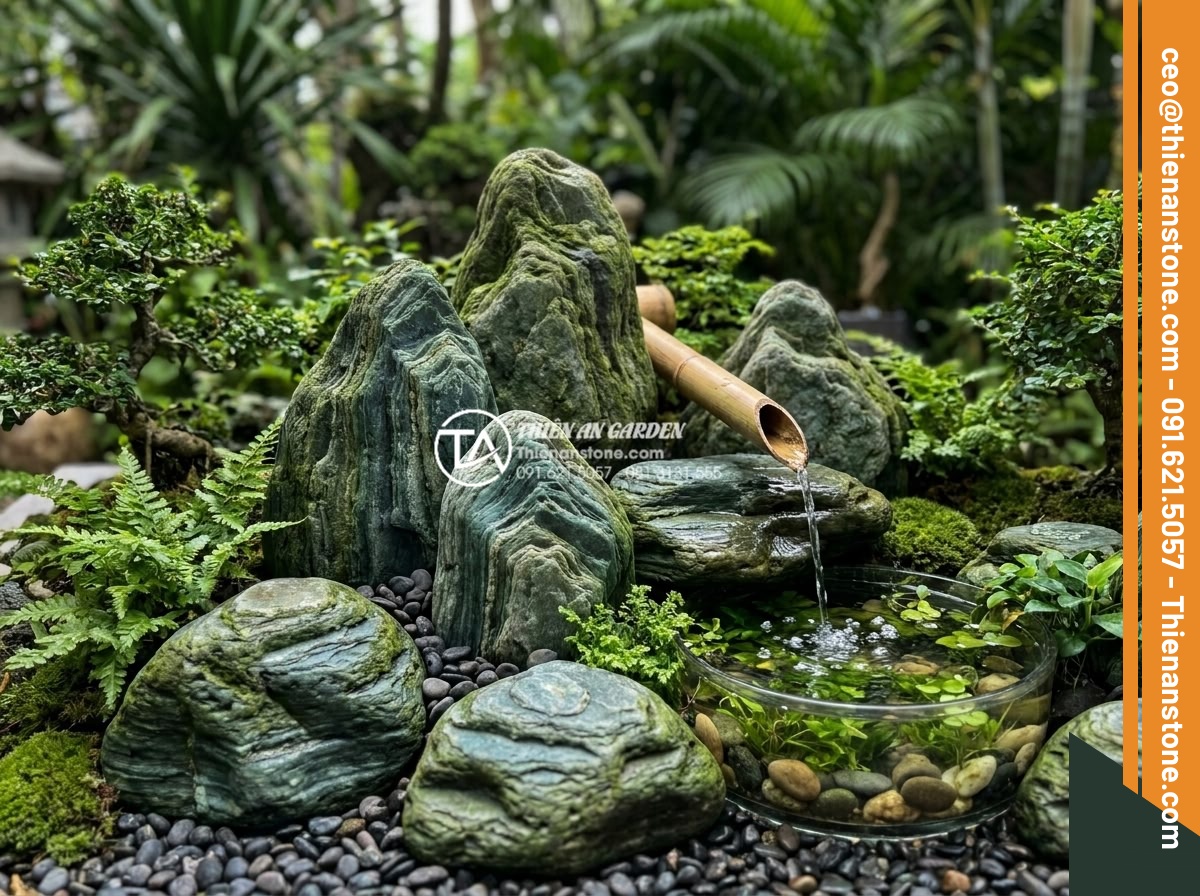 Đá Cảnh Tự Nhiên - Natural ornamental stone placed in a feng shui garden arrangement with flowing w