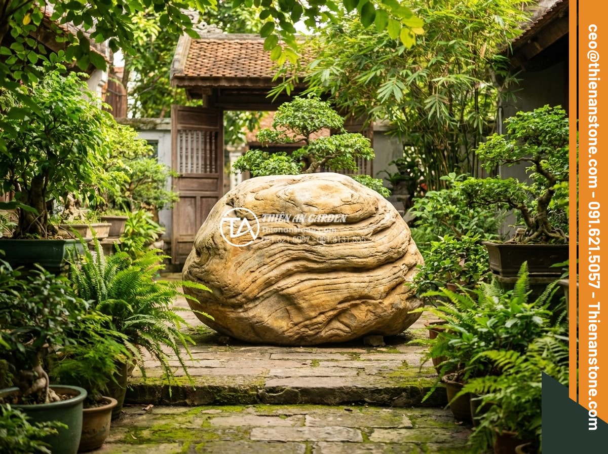 Đá Cảnh Tự Nhiên - Rounded natural ornamental stone with smooth flowing veins placed at the entranc