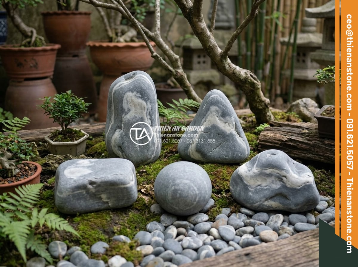 Đá Cảnh Tự Nhiên - Multiple natural ornamental stones in different colors and shapes representing f