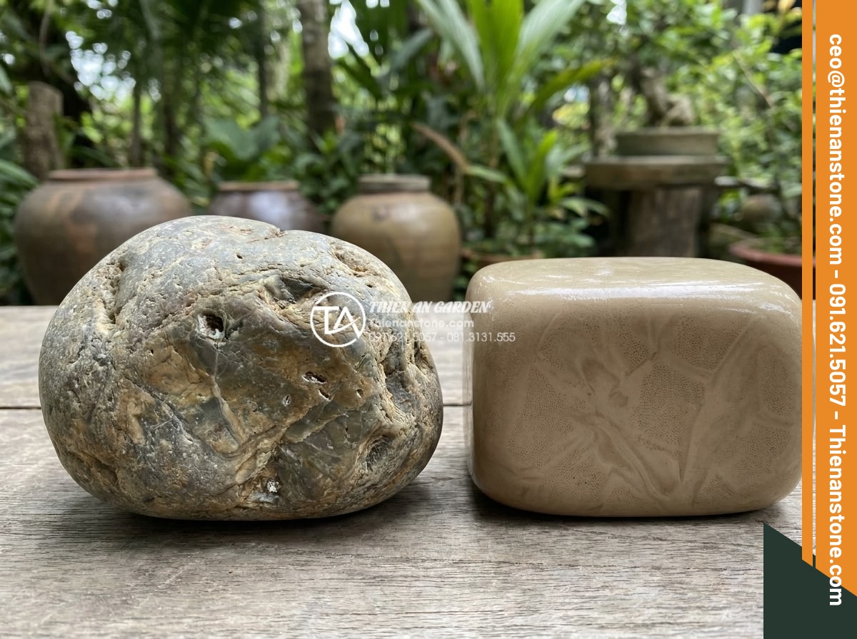 Đá Cảnh Tự Nhiên - Side by side comparison of natural ornamental stone texture versus artificial st