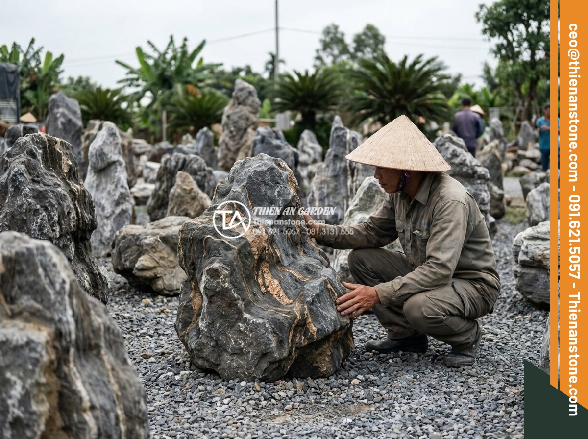 Đá Cảnh Tự Nhiên - Person walking through a natural stone yard examining various ornamental stones 