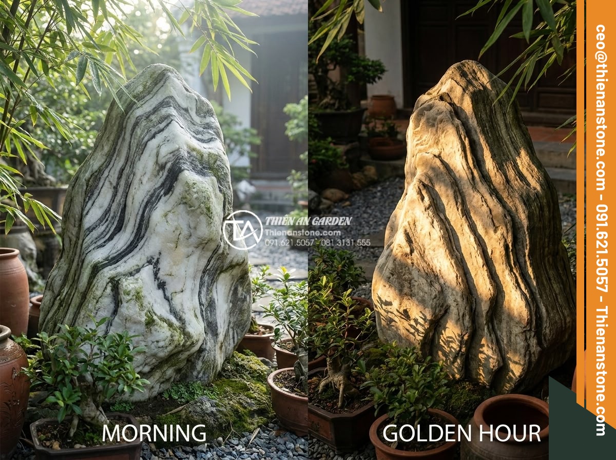 Đá Cảnh Tự Nhiên - Natural ornamental stone photographed at different times of day showing how ligh