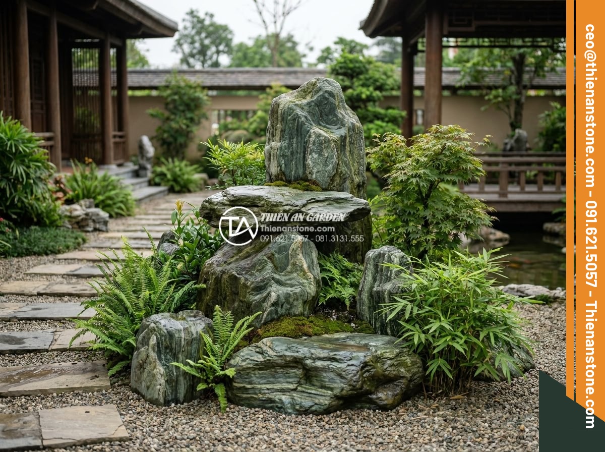 Đá Cảnh Tự Nhiên - Perfectly proportioned natural ornamental stone in a well-designed garden space,