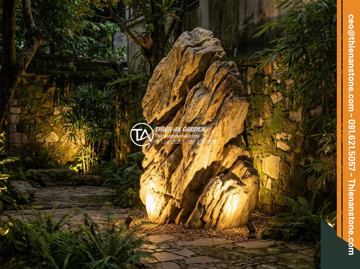 Đá Cảnh Tự Nhiên - Large natural ornamental stone as garden centerpiece illuminated by uplighting a