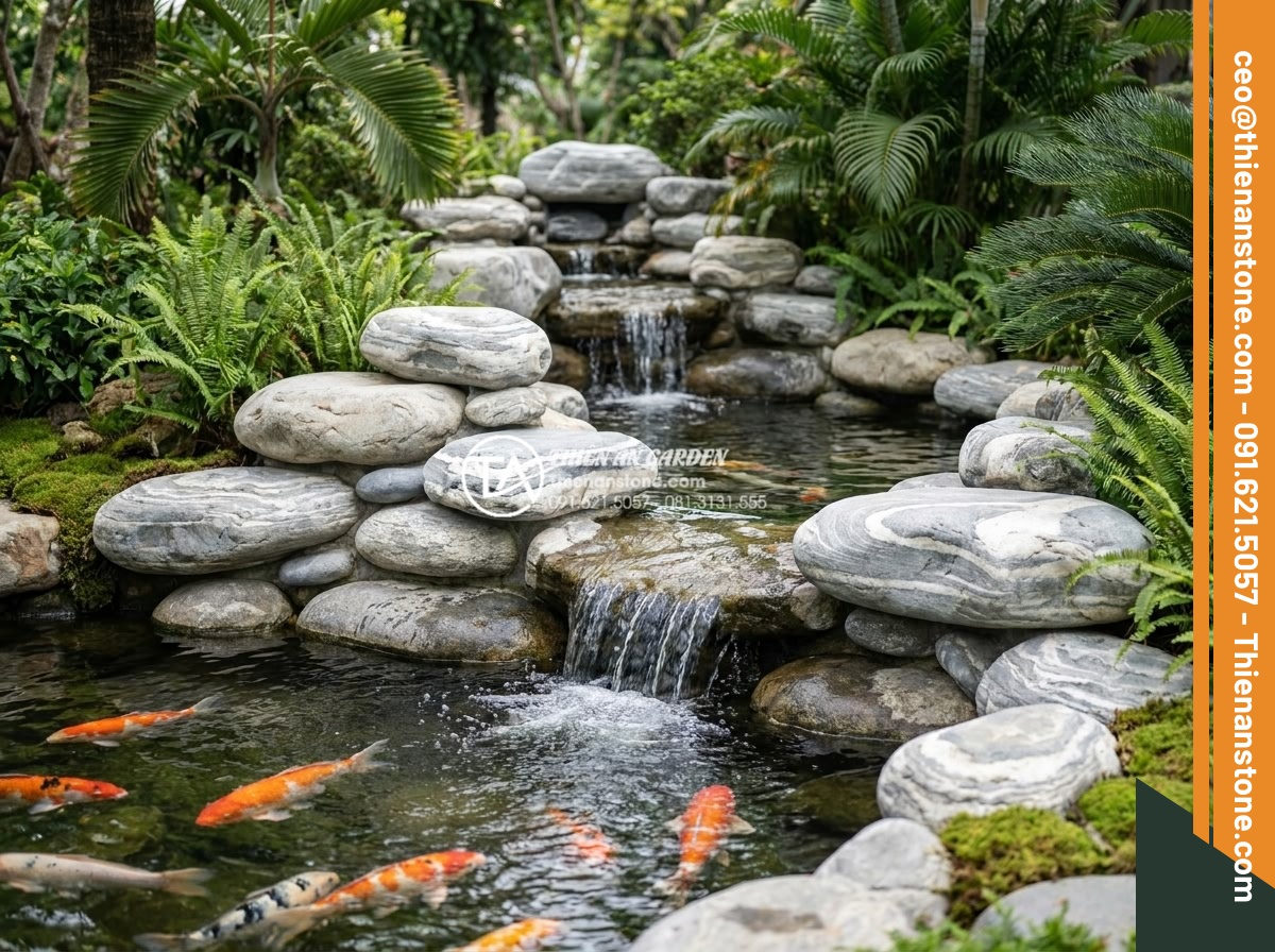 Đá Cảnh Tự Nhiên - Natural ornamental stones arranged around a koi pond with artificial waterfall, 