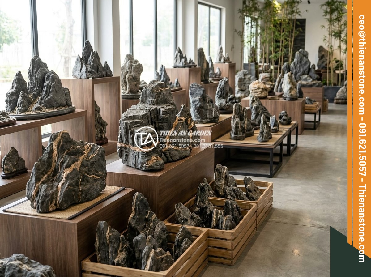 Đá Cảnh Tự Nhiên - Display area showing various natural ornamental stones with size and price infor