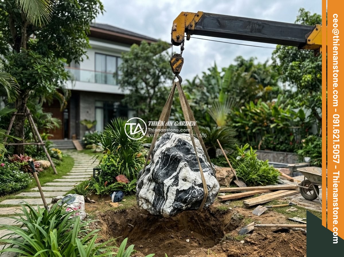 Đá Cảnh Tự Nhiên - Professional installation of a large natural ornamental stone using crane equipm