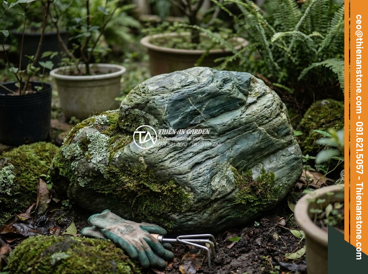 Đá Cảnh Tự Nhiên - Well-maintained natural ornamental stone in a mature garden with beautiful moss 