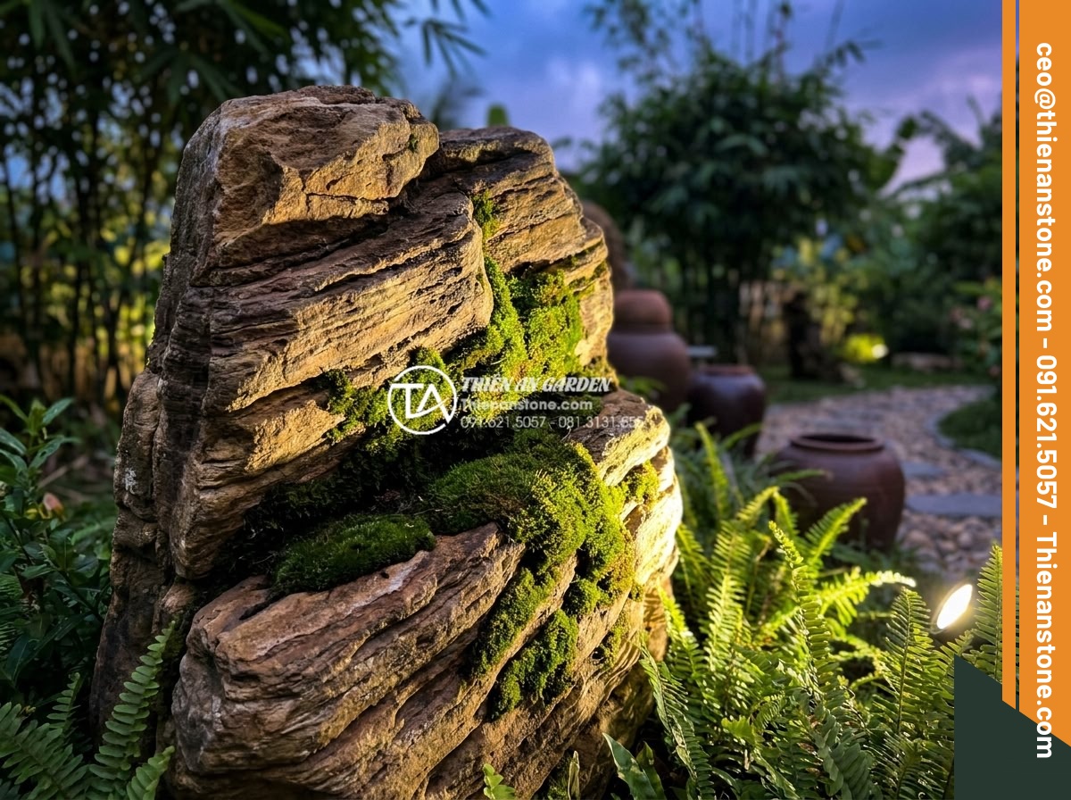 Đá Cảnh Tự Nhiên - Natural ornamental stone with mature moss growth illuminated by soft garden spot