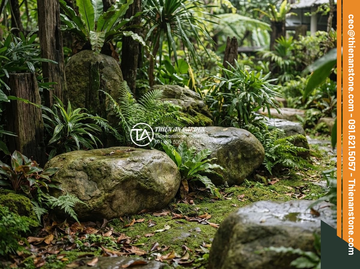 Đá Cảnh Tự Nhiên - Mature garden showing natural ornamental stones that have aged beautifully over 
